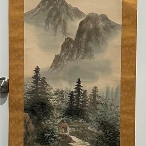 Vintage Authentic Japanese Mountain Scene Silk Wall Hanging Scroll